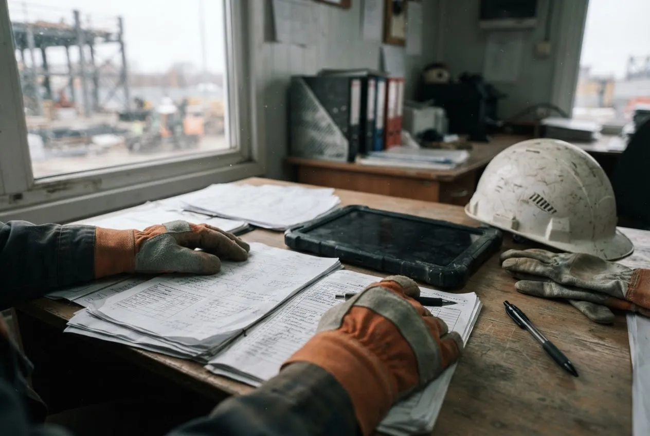 Documents d'autorisation et tablette posés sur le bureau d'une base de vie.