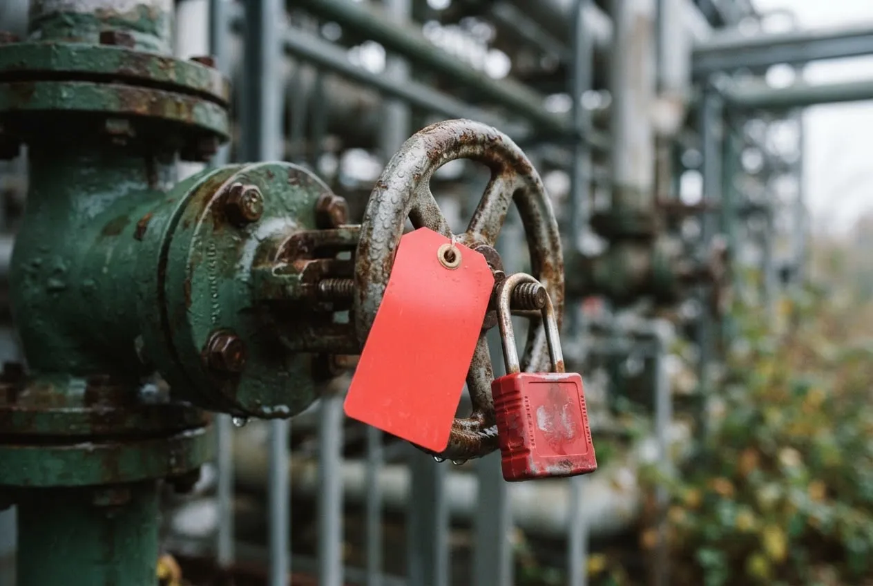 Étiquette et cadenas de consignation rouges fixés sur le volant d'une vanne industrielle.