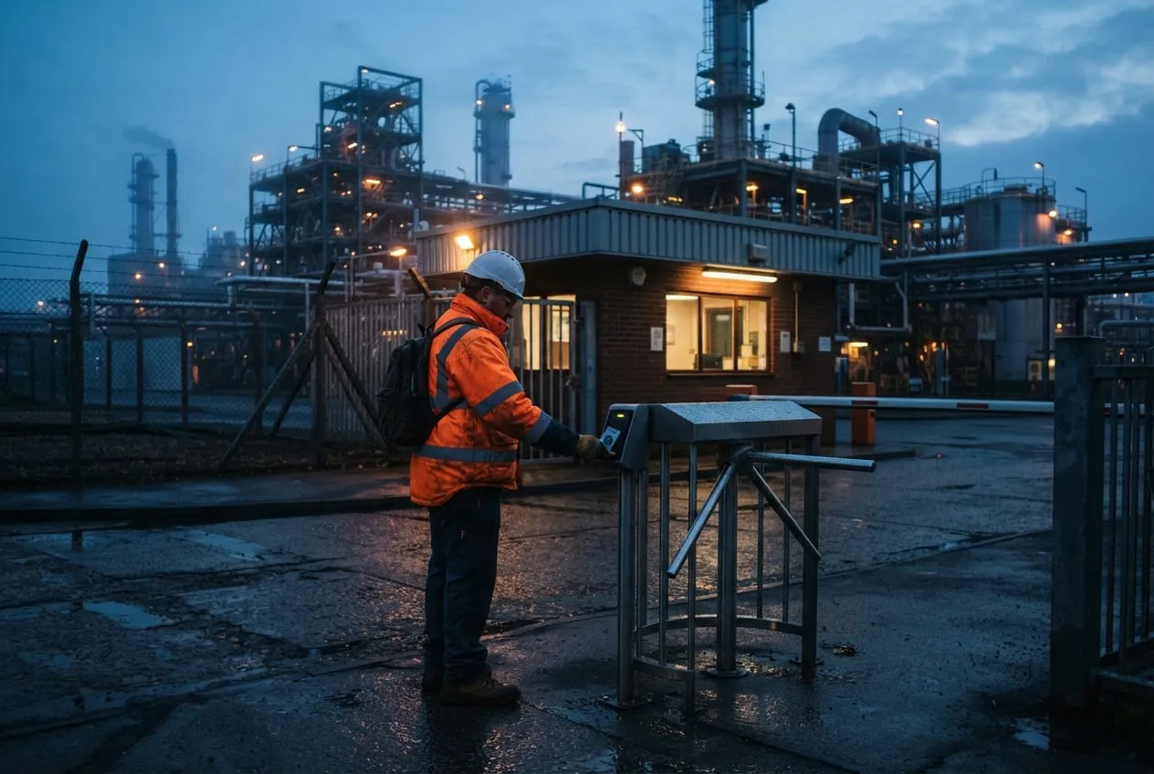 Un intervenant présente son badge au tourniquet d'entrée d'un site industriel à l'aube.
