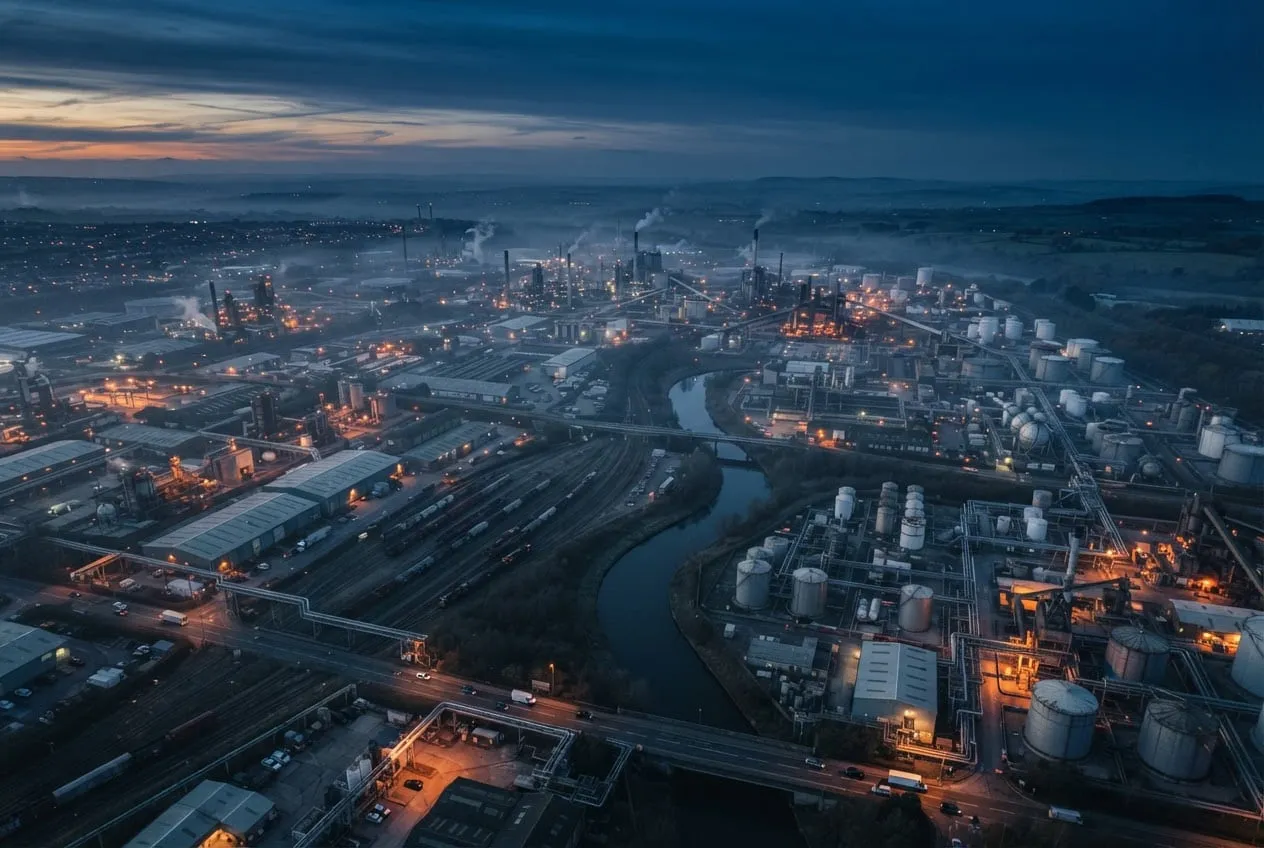Vue aérienne d'une zone industrielle regroupant plusieurs sites au crépuscule.