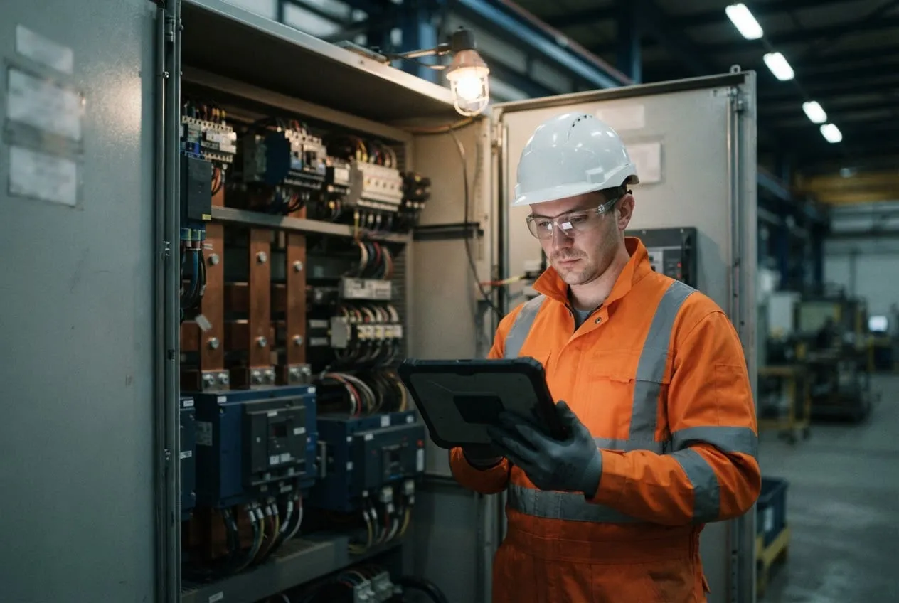 Un technicien consulte une tablette durcie devant une armoire électrique ouverte.